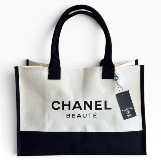 VIP/GWP Denim Blue Black White Colorblock Canvas Shopper Tote - Image 1