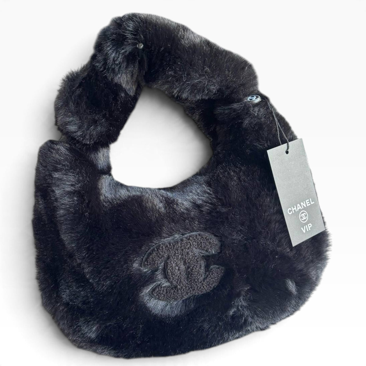 VIP/GWP Black Faux Fur Black CC Hobo Shoulder Bag - Image 3