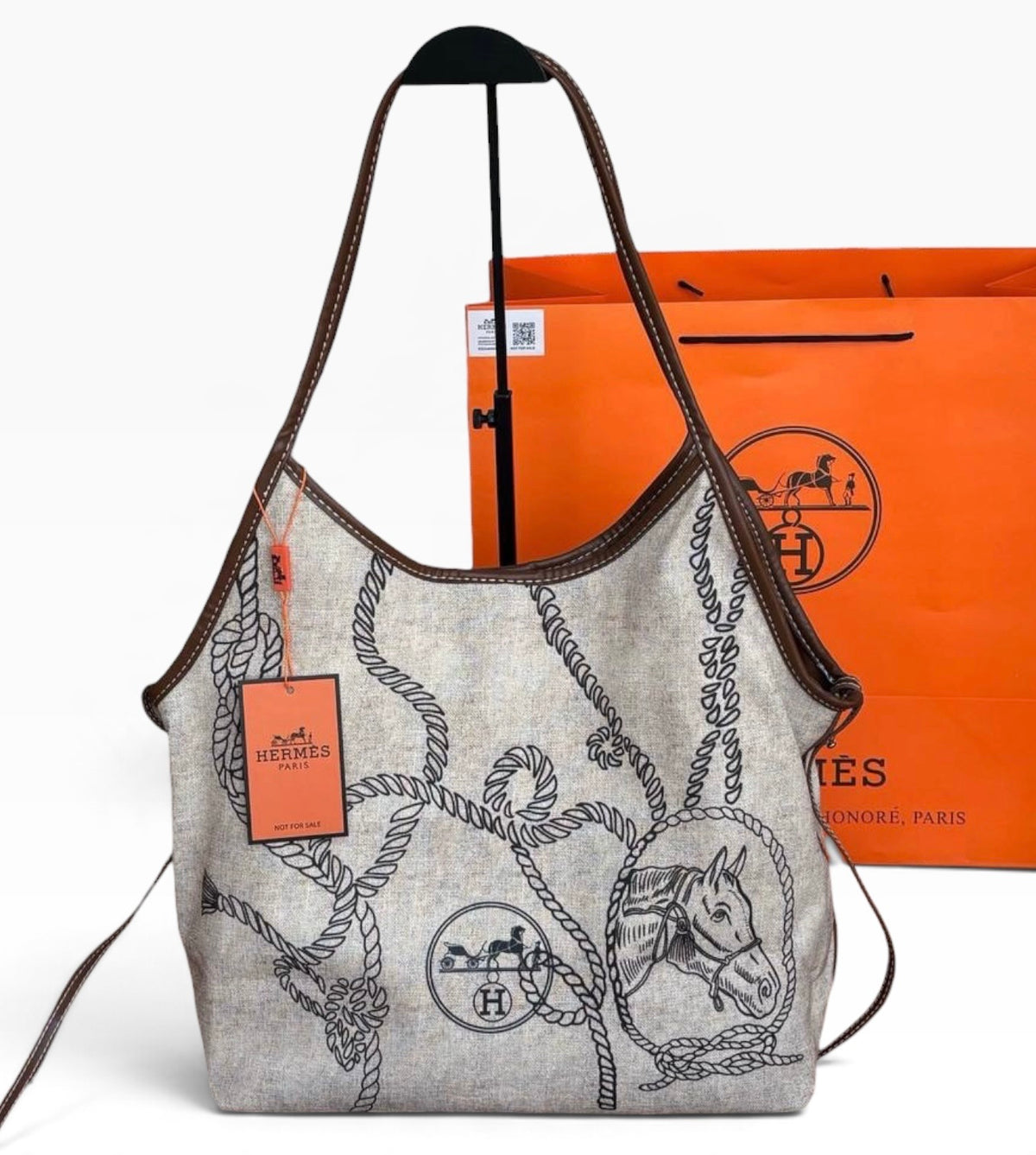 VIP/GWP Beige Rope Horse Print Canvas Shoulder Tote Bag - Image 1