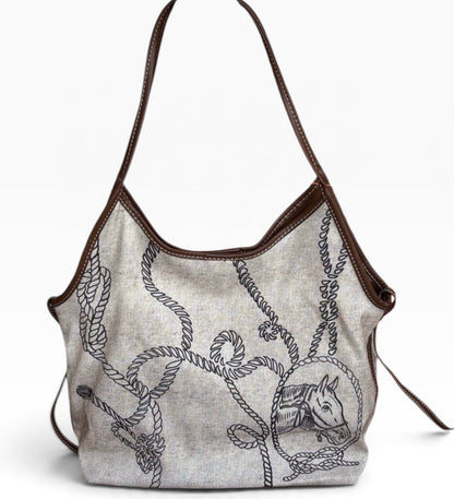 VIP/GWP Beige Rope Horse Print Canvas Shoulder Tote Bag - Image 2
