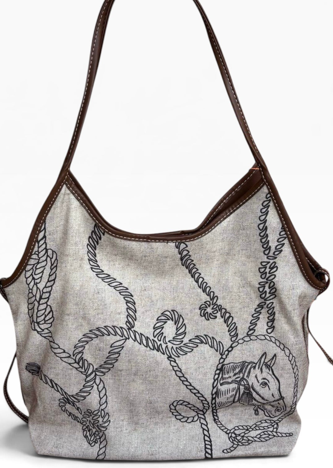 VIP/GWP Beige Rope Horse Print Canvas Shoulder Tote Bag - Image 4