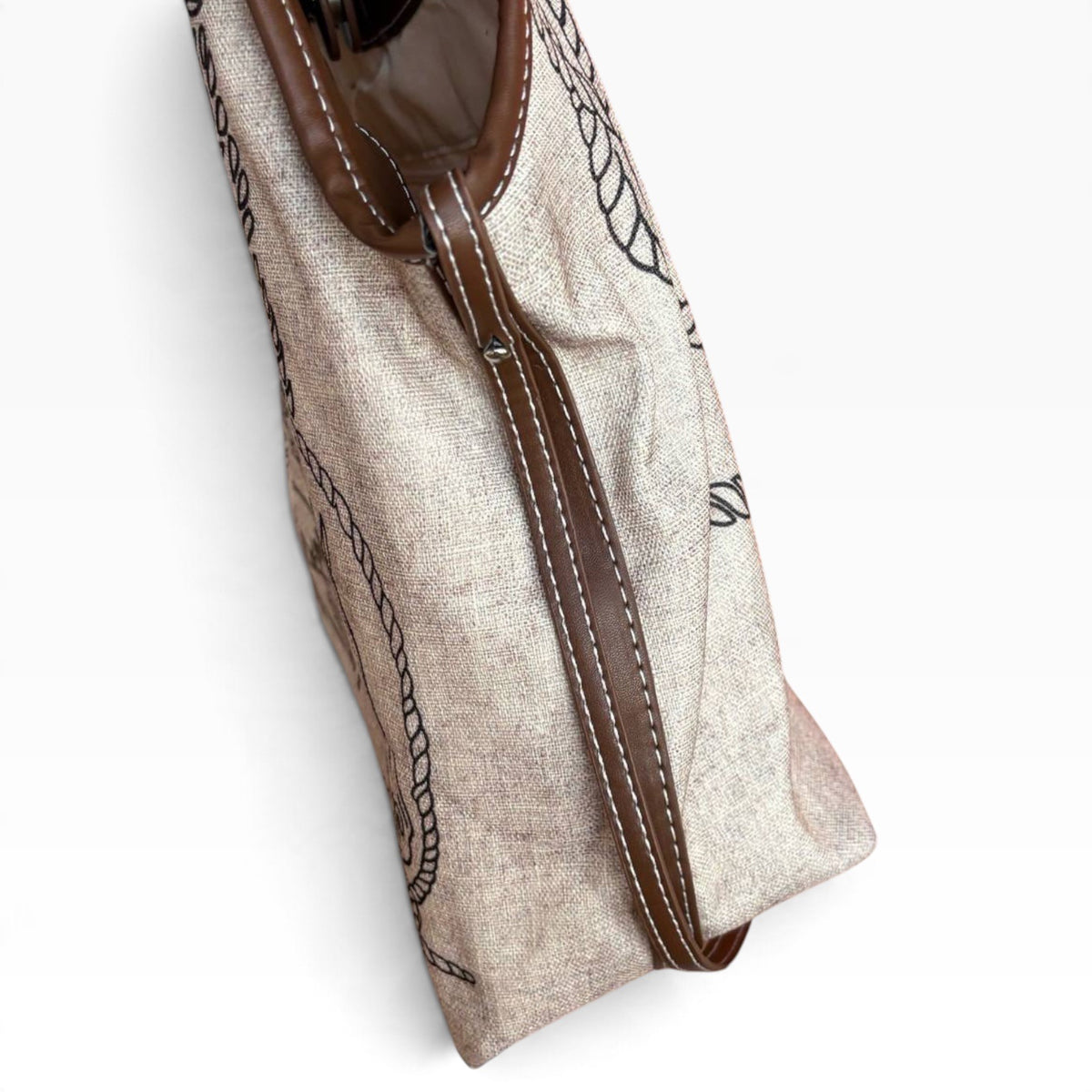 VIP/GWP Beige Rope Horse Print Canvas Shoulder Tote Bag - Image 5