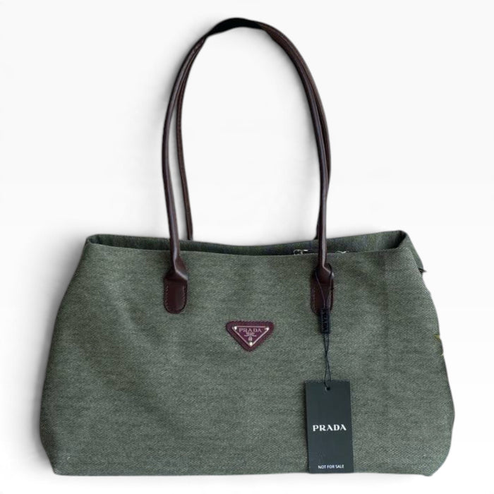 VIP/GWP Olive Green Canvas Brown Trim Large Shoulder Tote Bag - Image 1