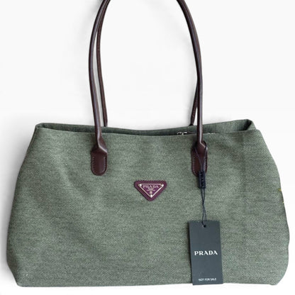 VIP/GWP Olive Green Canvas Brown Trim Large Shoulder Tote Bag - Image 3