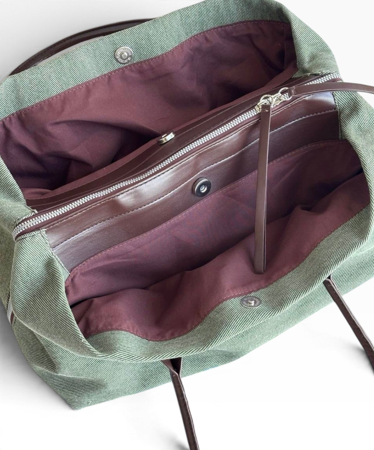 VIP/GWP Olive Green Canvas Brown Trim Large Shoulder Tote Bag - Image 7