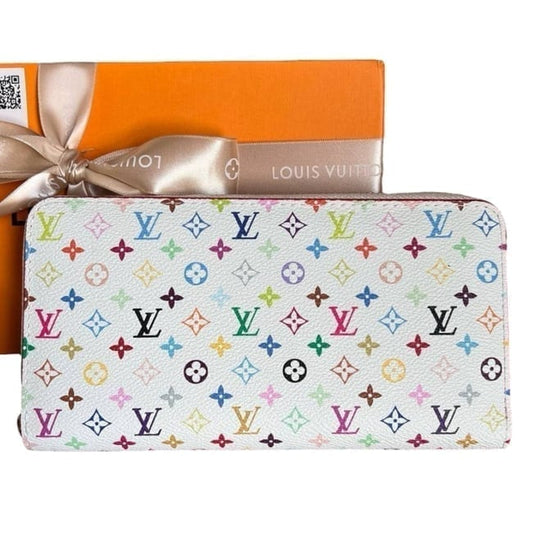 VIP/GWP White Multicolor Monogram Zippy Wallet with Hot Pink Trim & Box