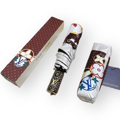 VIP/GWP White Monogram Multicolor Floral Auto-Fold Umbrella with Box