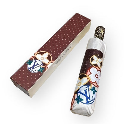 VIP/GWP White Monogram Multicolor Floral Auto-Fold Umbrella with Box