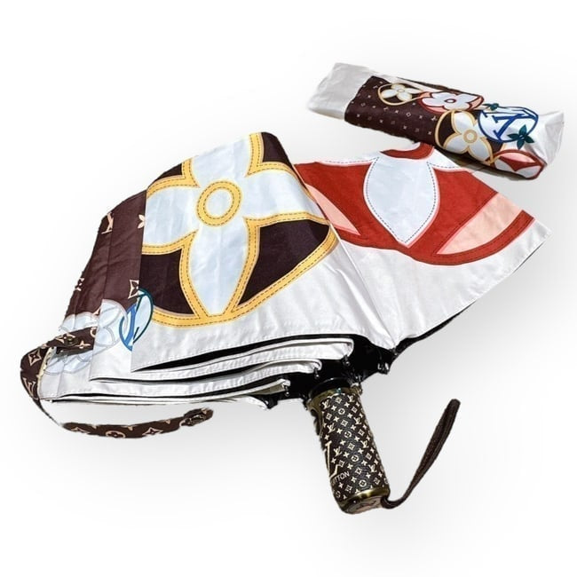 VIP/GWP White Monogram Multicolor Floral Auto-Fold Umbrella with Box