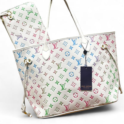 VIP/GWP White Neverfull MM Tote & Pouch