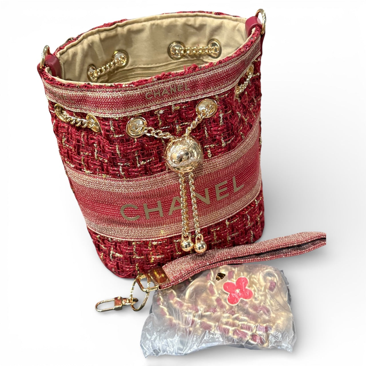 VIP/GWP Red Tweed Bucket Bag with Box