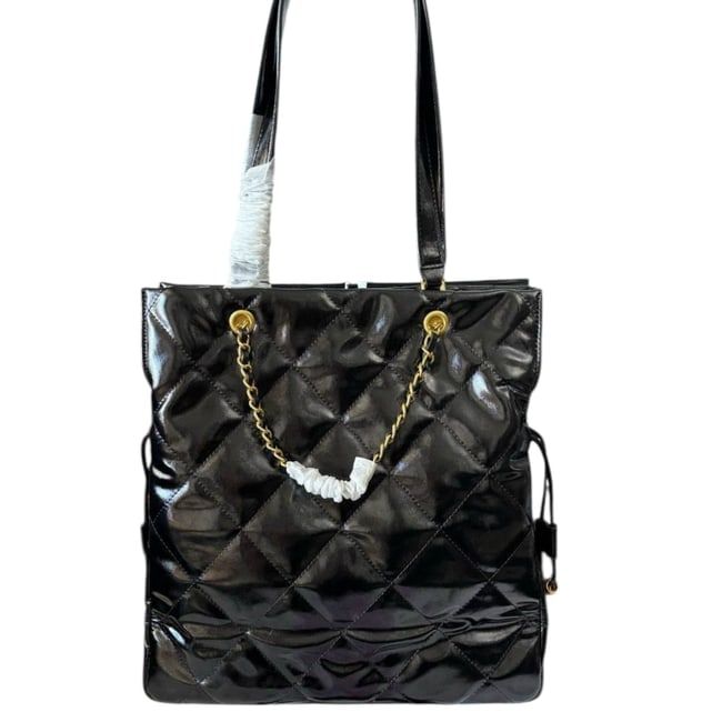 VIP/GWP Black Quilted Patent Large Shopping Tote with Gift Bag