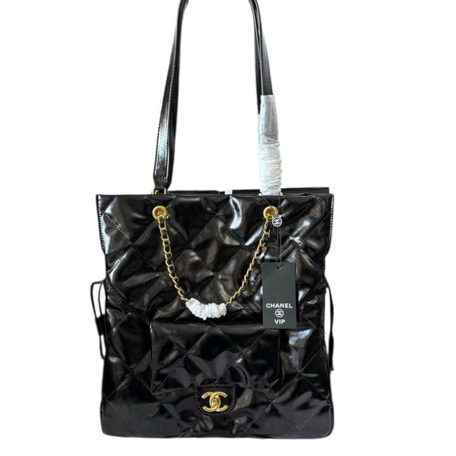 VIP/GWP Black Quilted Patent Large Shopping Tote with Gift Bag