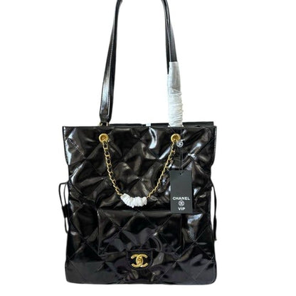 VIP/GWP Black Quilted Patent Large Shopping Tote with Gift Bag