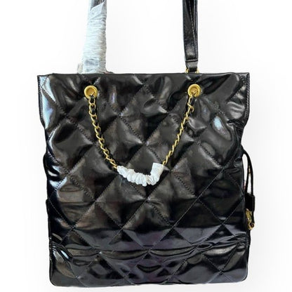 VIP/GWP Black Quilted Patent Large Shopping Tote with Gift Bag